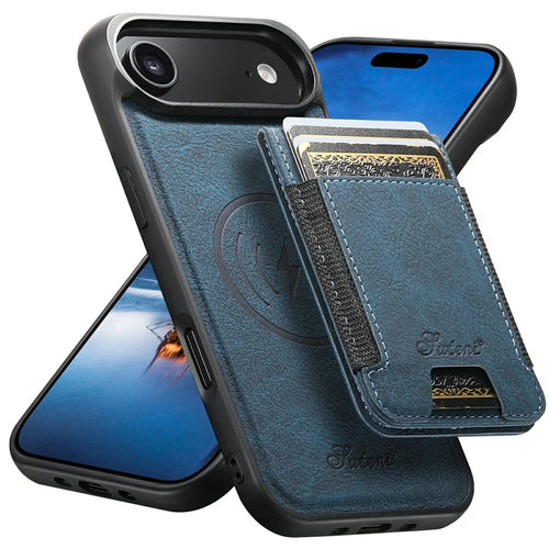 SUTENI H17 For iPhone Air Magnetic Case Card Slots Leather + TPU Kickstand Phone Cover - Blue - 1