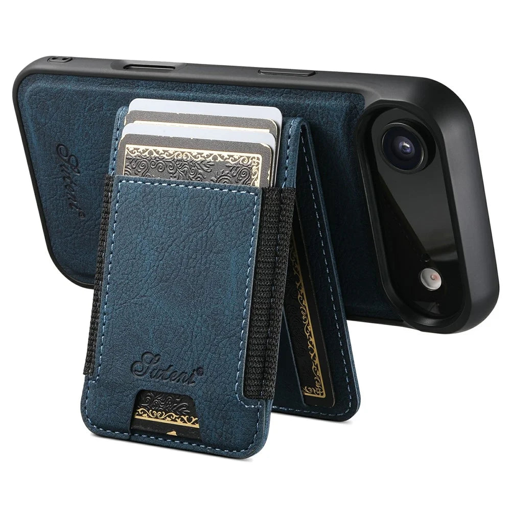 SUTENI H17 For iPhone Air Magnetic Case Card Slots Leather + TPU Kickstand Phone Cover - Blue - 3