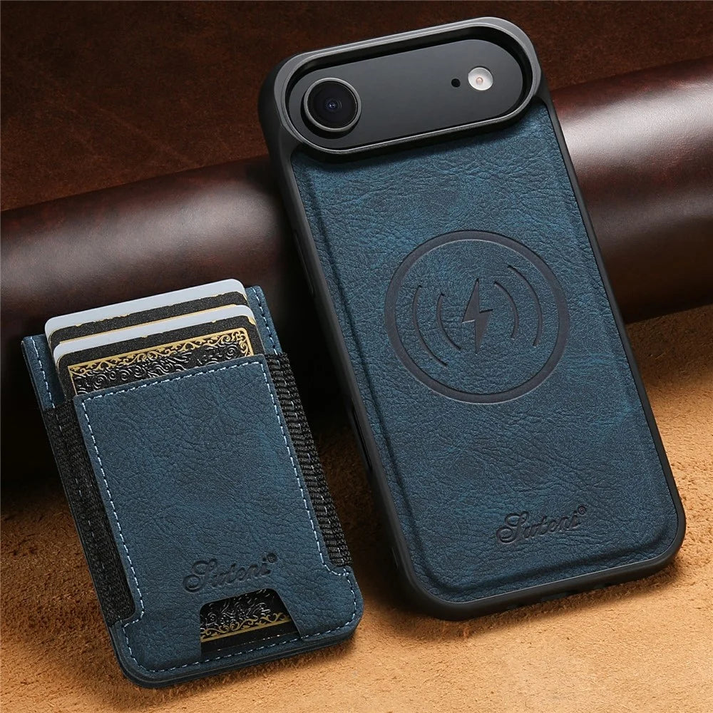 SUTENI H17 For iPhone Air Magnetic Case Card Slots Leather + TPU Kickstand Phone Cover - Blue - 5