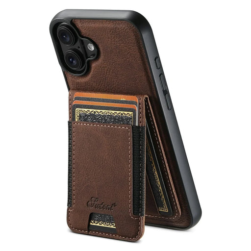 SUTENI H17 For iPhone 17 Magnetic Case Card Slots Leather + TPU Kickstand Phone Cover - Brown - 1