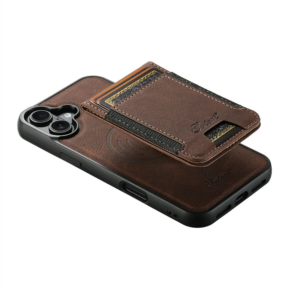 SUTENI H17 For iPhone 17 Magnetic Case Card Slots Leather + TPU Kickstand Phone Cover - Brown - 4