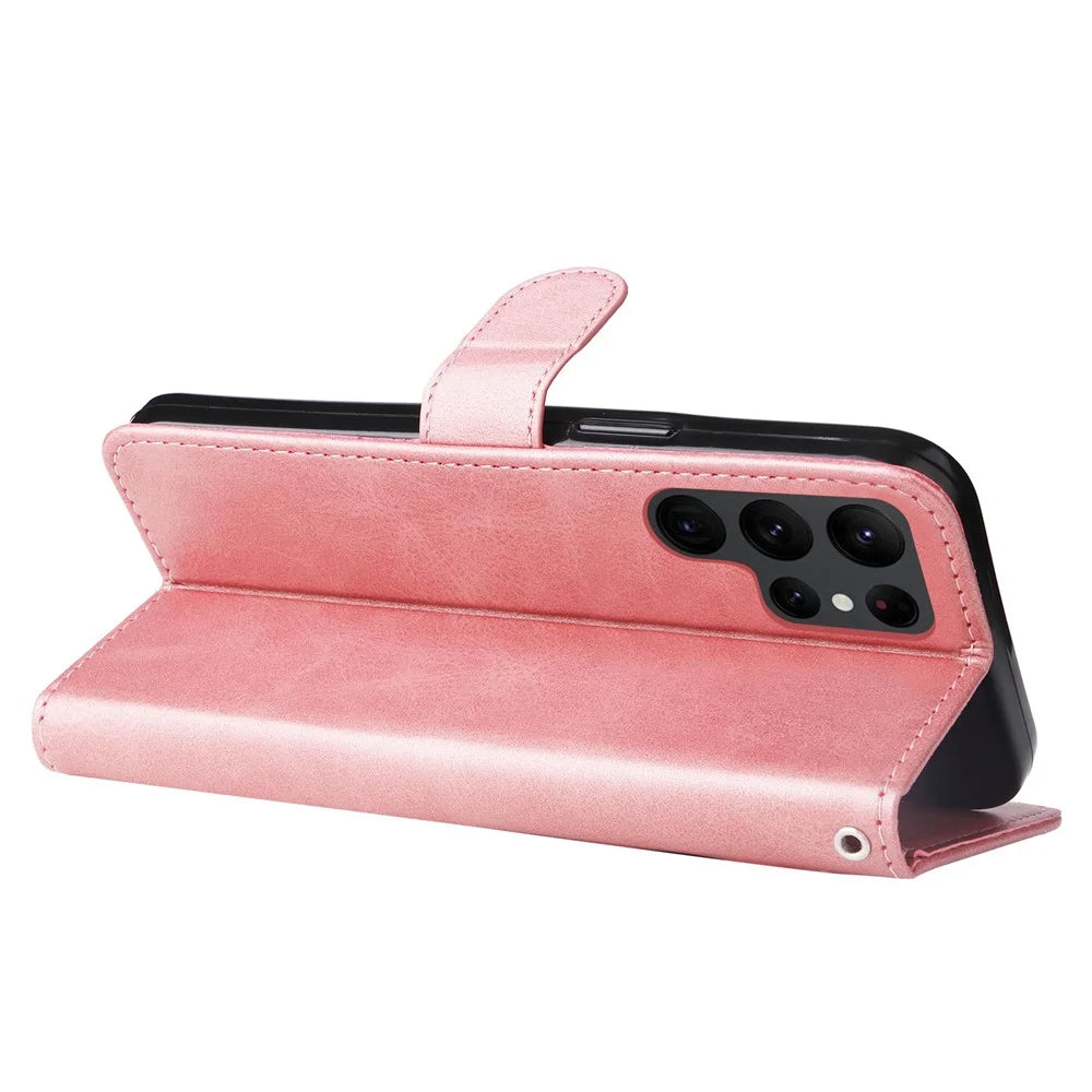 Anti-drop Phone Case For Samsung Galaxy S23 Ultra, PU Leather Calf Texture Magnetic Clasp Wallet Zipper Pocket Stand Cover - Rose Gold - 3