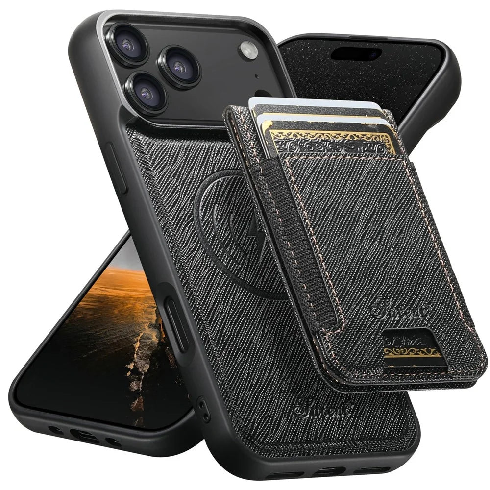 SUTENI H17 For iPhone 17 Pro Max Magnetic Case Cross Texture Leather Phone Back Cover with Detachable Card Bag - Black - 1