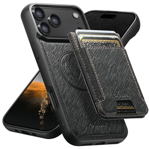 SUTENI H17 For iPhone 17 Pro Max Magnetic Case Cross Texture Leather Phone Back Cover with Detachable Card Bag - Black - 1