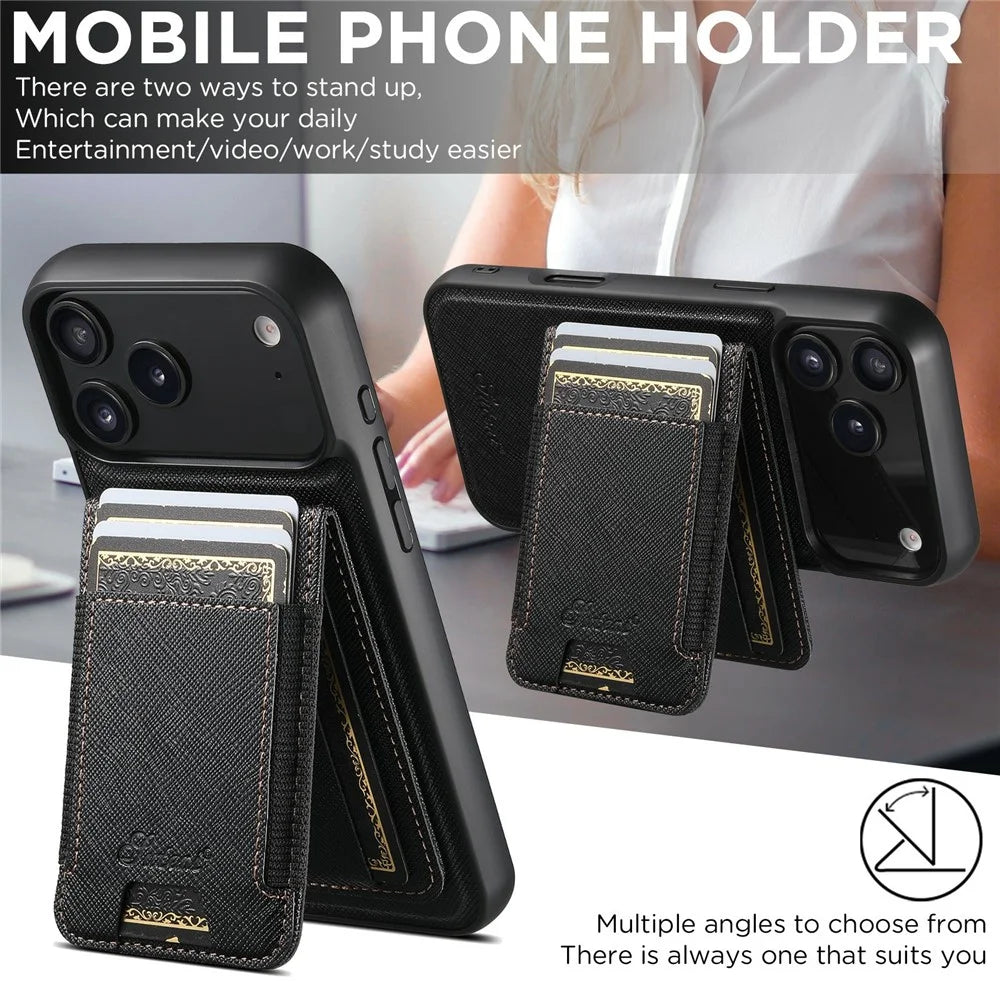 SUTENI H17 For iPhone 17 Pro Max Magnetic Case Cross Texture Leather Phone Back Cover with Detachable Card Bag - Black - 7