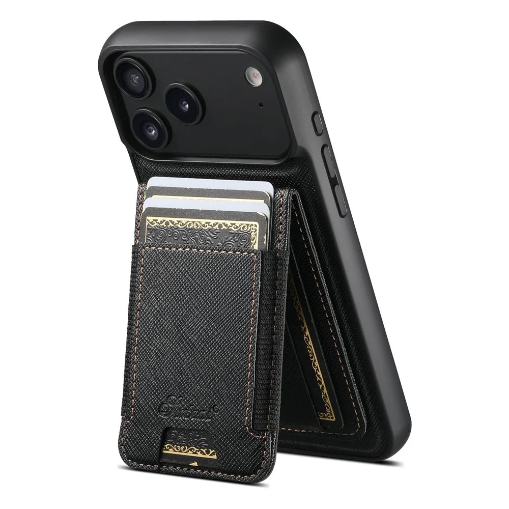 SUTENI H17 For iPhone 17 Pro Magnetic Case Cross Texture Leather Phone Back Cover with Detachable Card Bag - Black - 2
