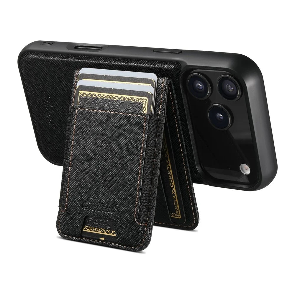 SUTENI H17 For iPhone 17 Pro Magnetic Case Cross Texture Leather Phone Back Cover with Detachable Card Bag - Black - 3