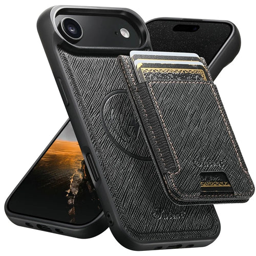 SUTENI H17 For iPhone Air Magnetic Case Cross Texture Leather Phone Back Cover with Detachable Card Bag - Black - 1
