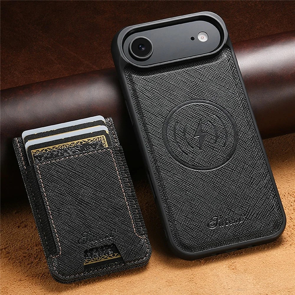 SUTENI H17 For iPhone Air Magnetic Case Cross Texture Leather Phone Back Cover with Detachable Card Bag - Black - 6