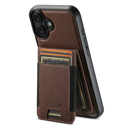 SUTENI H17 For iPhone 17 Magnetic Case Cross Texture Leather Phone Back Cover with Detachable Card Bag - Brown - 1