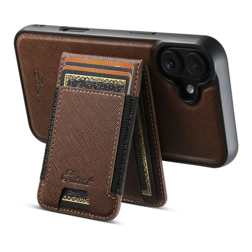 SUTENI H17 For iPhone 17 Magnetic Case Cross Texture Leather Phone Back Cover with Detachable Card Bag - Brown - 2