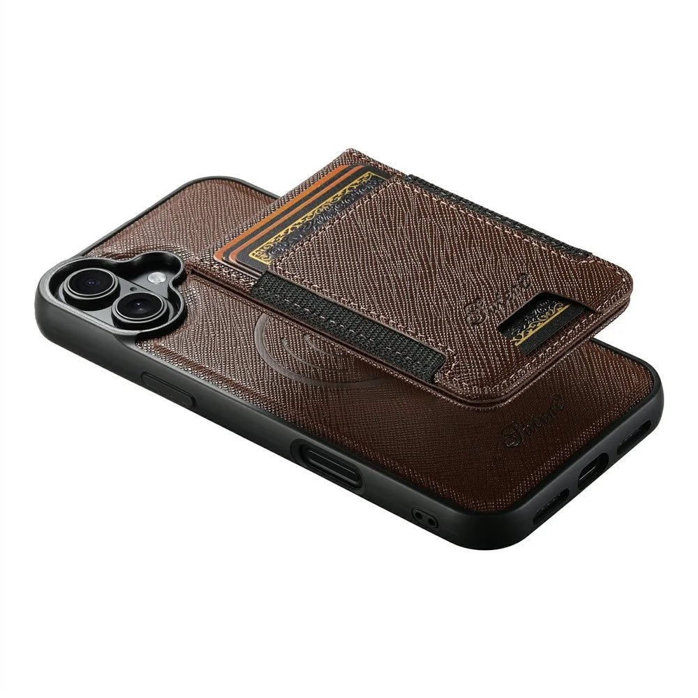 SUTENI H17 For iPhone 17 Magnetic Case Cross Texture Leather Phone Back Cover with Detachable Card Bag - Brown - 4