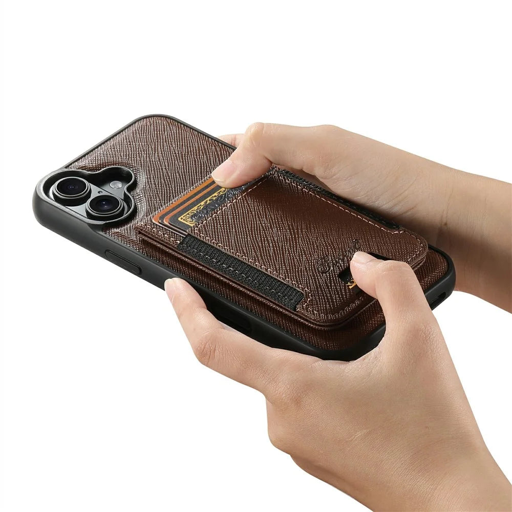 SUTENI H17 For iPhone 17 Magnetic Case Cross Texture Leather Phone Back Cover with Detachable Card Bag - Brown - 5