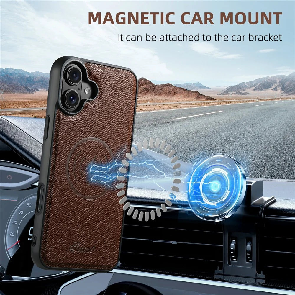 SUTENI H17 For iPhone 17 Magnetic Case Cross Texture Leather Phone Back Cover with Detachable Card Bag - Brown - 7
