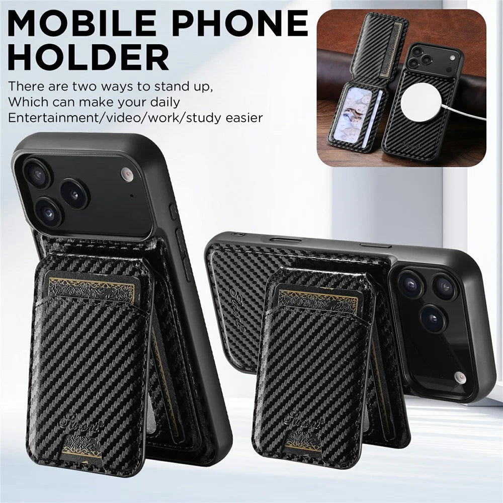 SUTENI H18 For iPhone 17 Pro Max Magnetic Case Carbon Fiber Texture Leather + TPU Cover with Detachable Card Bag - 7