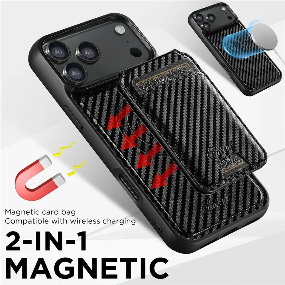 SUTENI H18 For iPhone 17 Pro Magnetic Case Carbon Fiber Texture Leather + TPU Cover with Detachable Card Bag - 4