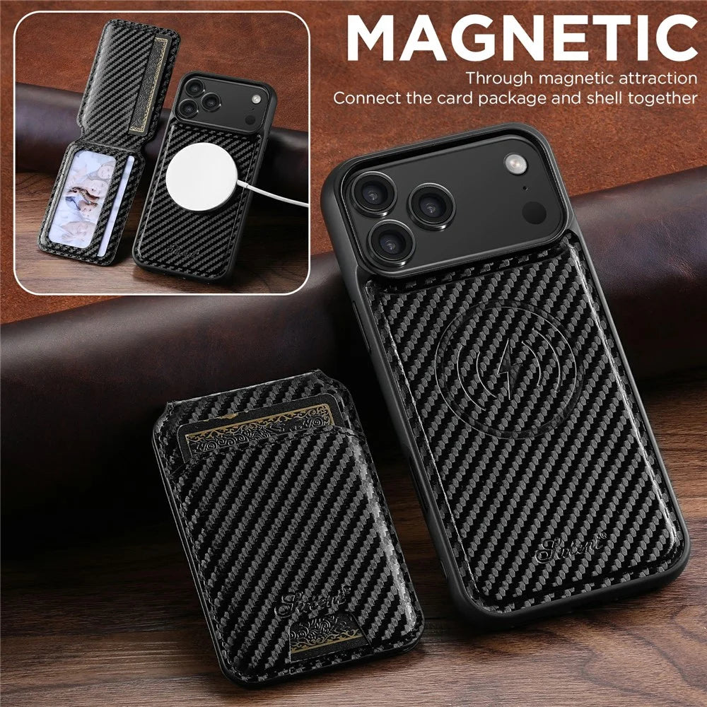 SUTENI H18 For iPhone 17 Pro Magnetic Case Carbon Fiber Texture Leather + TPU Cover with Detachable Card Bag - 5
