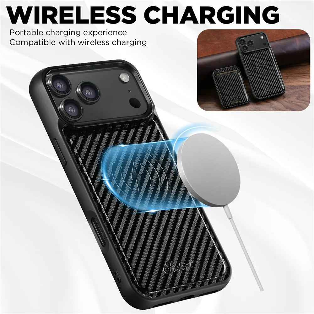 SUTENI H18 For iPhone 17 Pro Magnetic Case Carbon Fiber Texture Leather + TPU Cover with Detachable Card Bag - 6