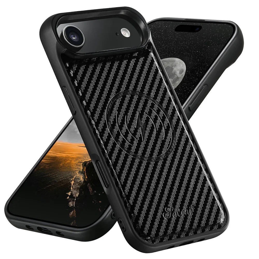 SUTENI H18 For iPhone Air Magnetic Case Carbon Fiber Texture Leather + TPU Cover with Detachable Card Bag - 1
