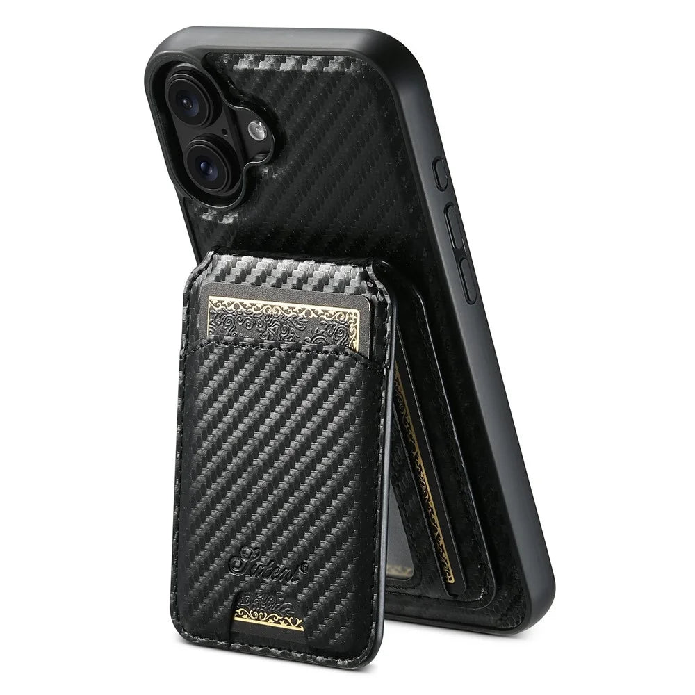 SUTENI H18 For iPhone 17 Magnetic Case Carbon Fiber Texture Leather + TPU Cover with Detachable Card Bag - 1