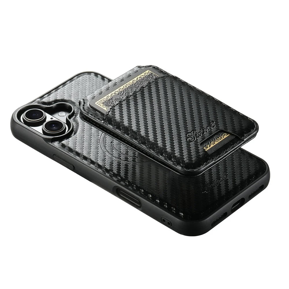 SUTENI H18 For iPhone 17 Magnetic Case Carbon Fiber Texture Leather + TPU Cover with Detachable Card Bag - 3