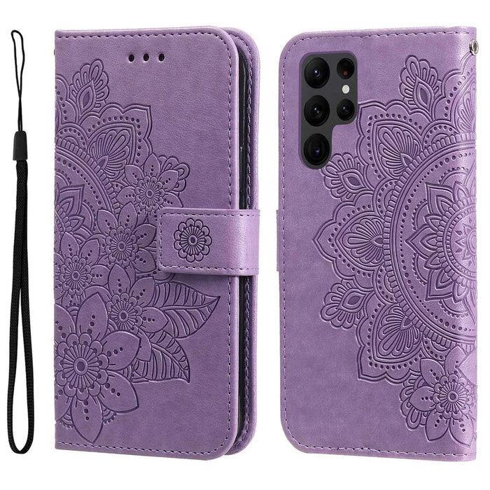 For Samsung Galaxy S23 Ultra Case Floral Pattern PU Leather Wallet Stand Phone Cover - Purple - 1