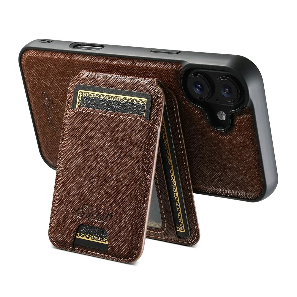 SUTENI H18 For iPhone 17 Magnetic Case Cross Texture Leather + TPU Cover with Detachable Card Bag - Brown - 2