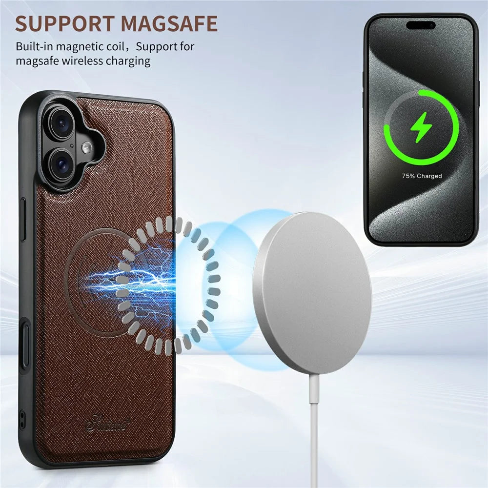 SUTENI H18 For iPhone 17 Magnetic Case Cross Texture Leather + TPU Cover with Detachable Card Bag - Brown - 7