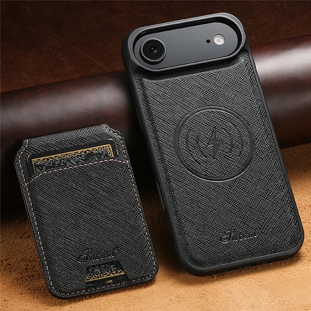 SUTENI H18 For iPhone Air Magnetic Case Cross Texture Leather + TPU Cover with Detachable Card Bag - Black - 7