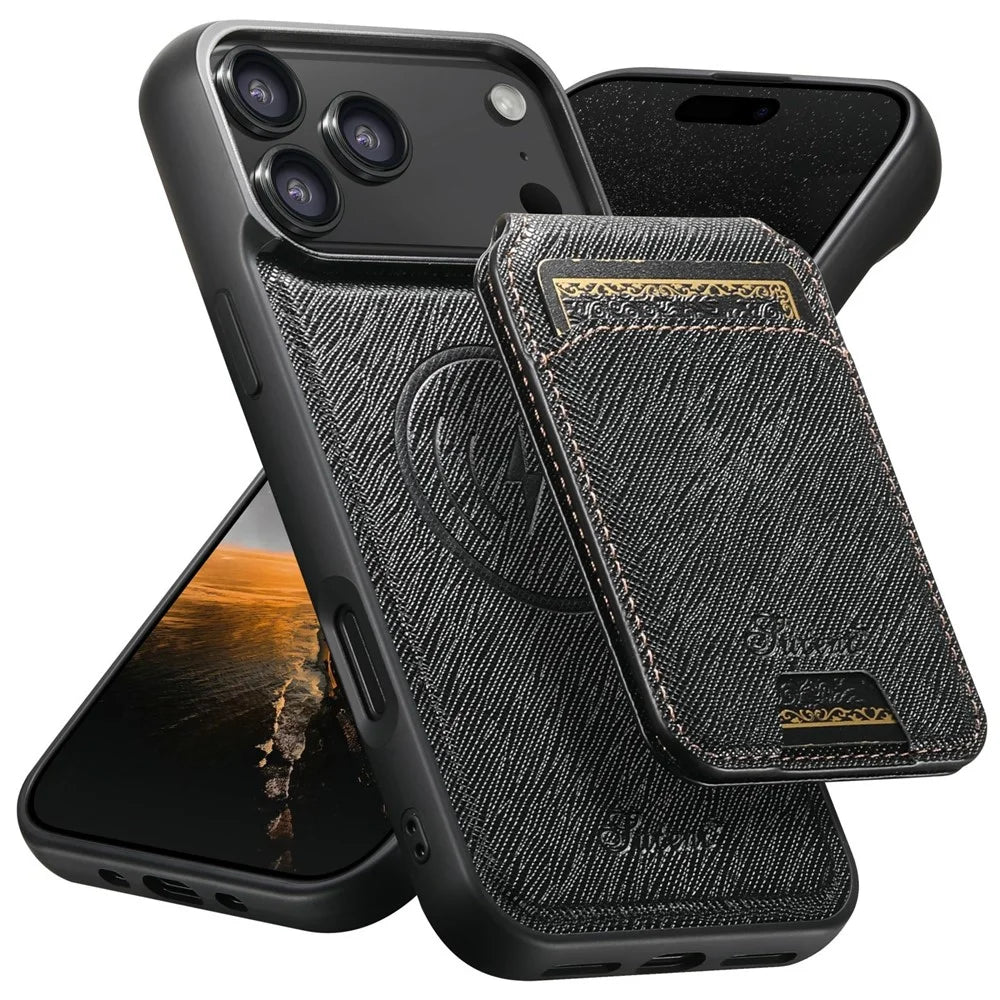 SUTENI H18 For iPhone 17 Pro Magnetic Case Cross Texture Leather + TPU Cover with Detachable Card Bag - Black - 1