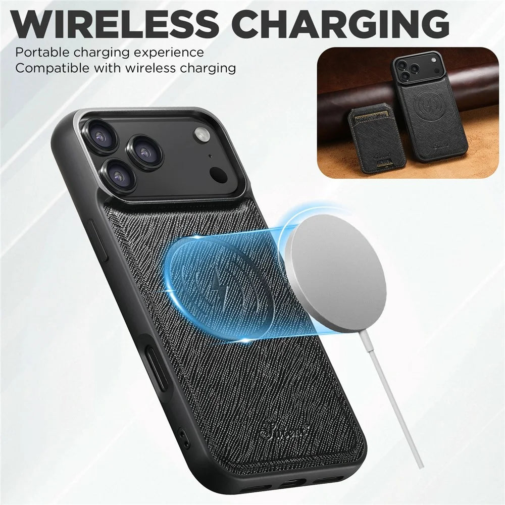 SUTENI H18 For iPhone 17 Pro Magnetic Case Cross Texture Leather + TPU Cover with Detachable Card Bag - Black - 5