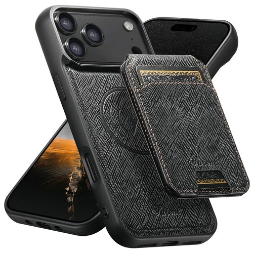 SUTENI H18 For iPhone 17 Pro Max Magnetic Case Cross Texture Leather + TPU Cover with Detachable Card Bag - Black - 1