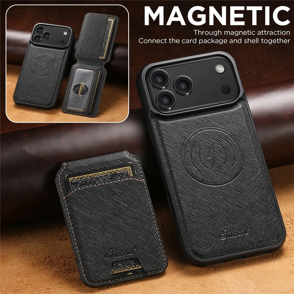 SUTENI H18 For iPhone 17 Pro Max Magnetic Case Cross Texture Leather + TPU Cover with Detachable Card Bag - Black - 7