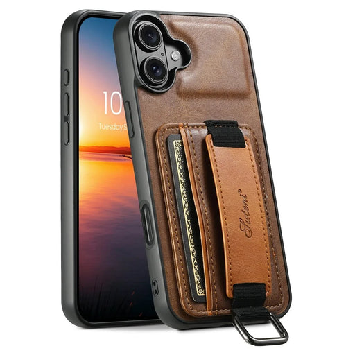 SUTENI H13 For iPhone 17 Case Card Holder Wristband Waxy Texture Leather + TPU + PC Phone Cover - Brown - 1