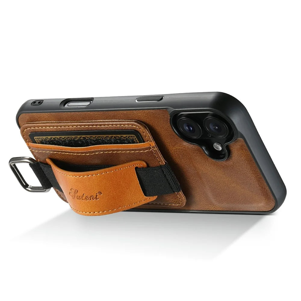 SUTENI H13 For iPhone 17 Case Card Holder Wristband Waxy Texture Leather + TPU + PC Phone Cover - Brown - 2