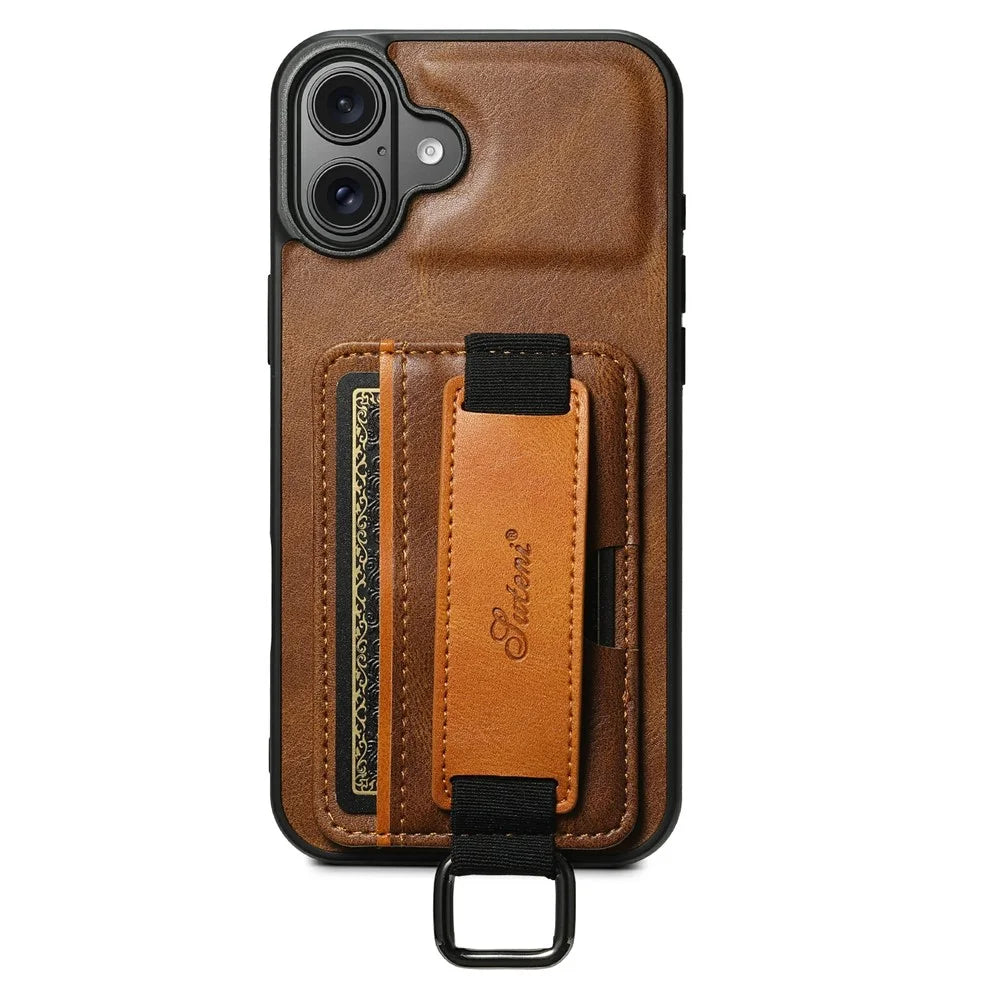 SUTENI H13 For iPhone 17 Case Card Holder Wristband Waxy Texture Leather + TPU + PC Phone Cover - Brown - 3