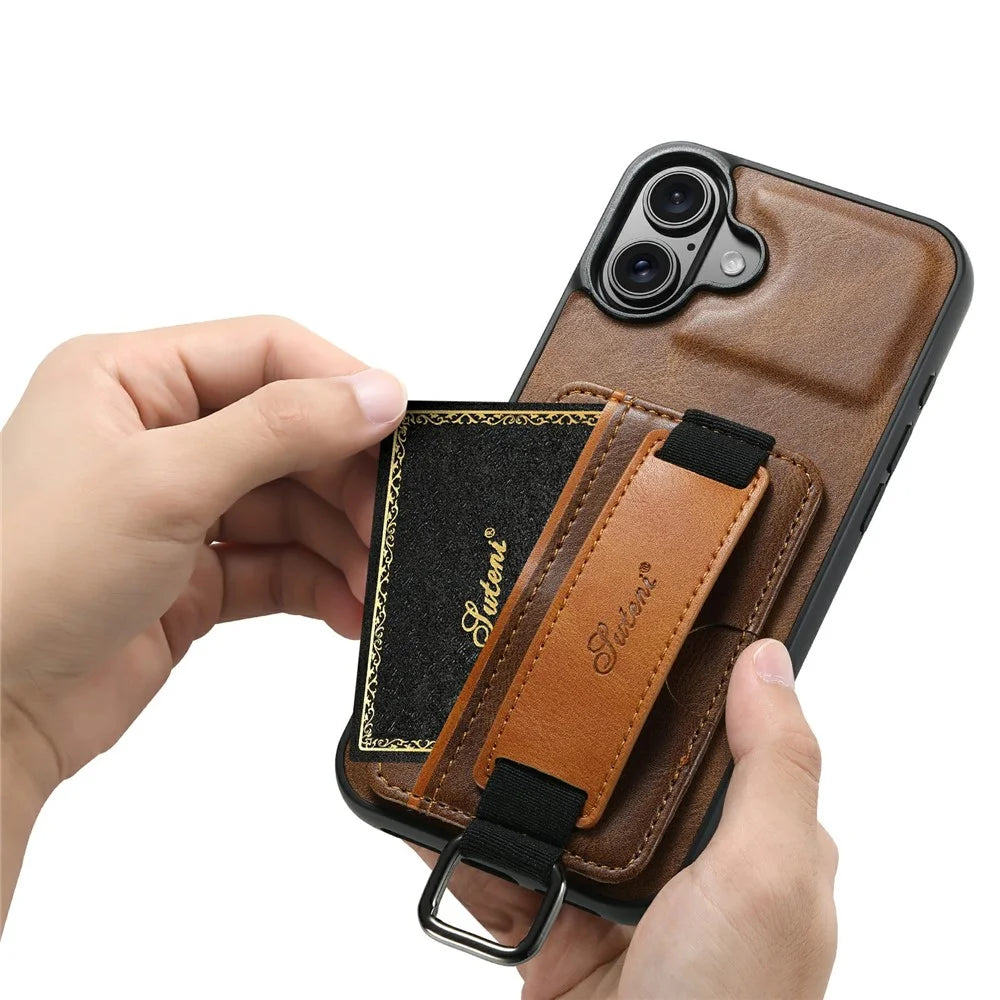 SUTENI H13 For iPhone 17 Case Card Holder Wristband Waxy Texture Leather + TPU + PC Phone Cover - Brown - 4