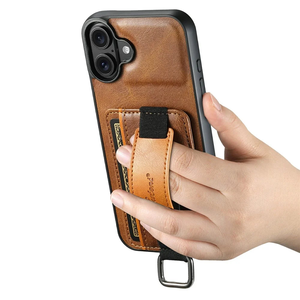 SUTENI H13 For iPhone 17 Case Card Holder Wristband Waxy Texture Leather + TPU + PC Phone Cover - Brown - 5