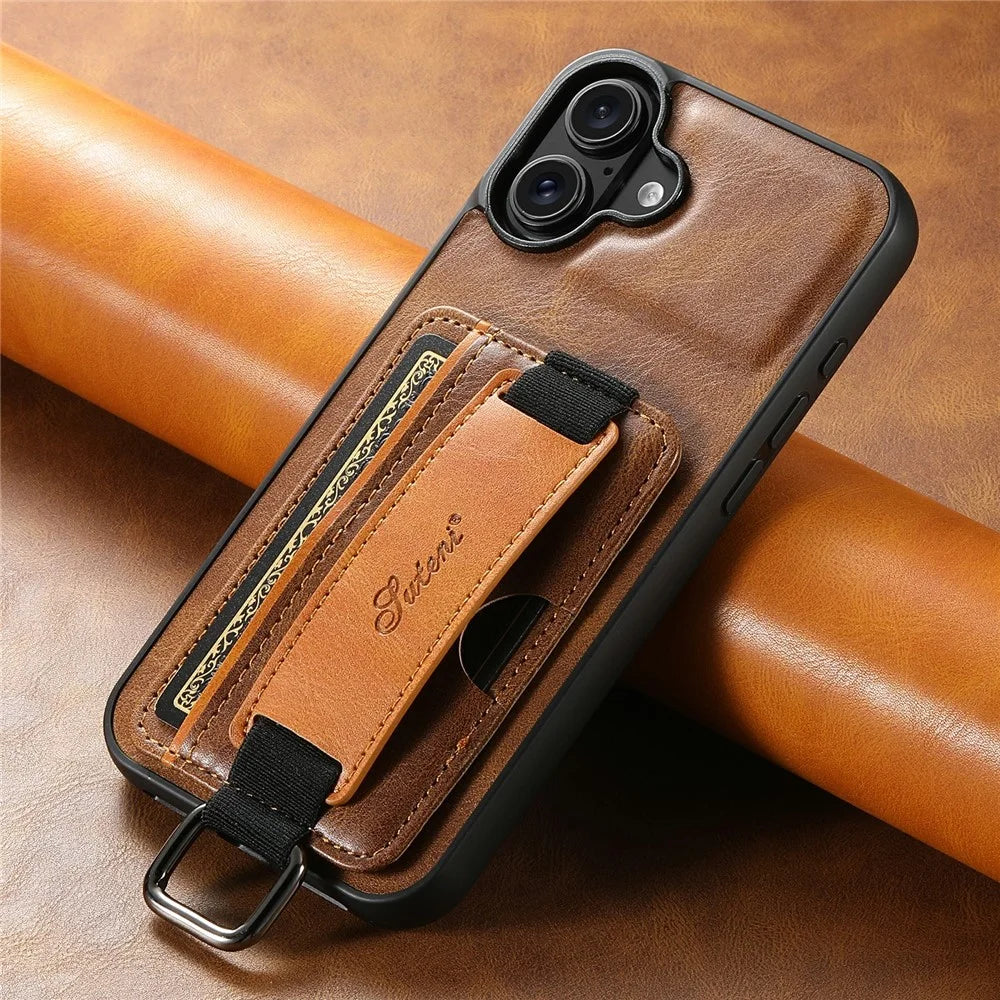 SUTENI H13 For iPhone 17 Case Card Holder Wristband Waxy Texture Leather + TPU + PC Phone Cover - Brown - 6