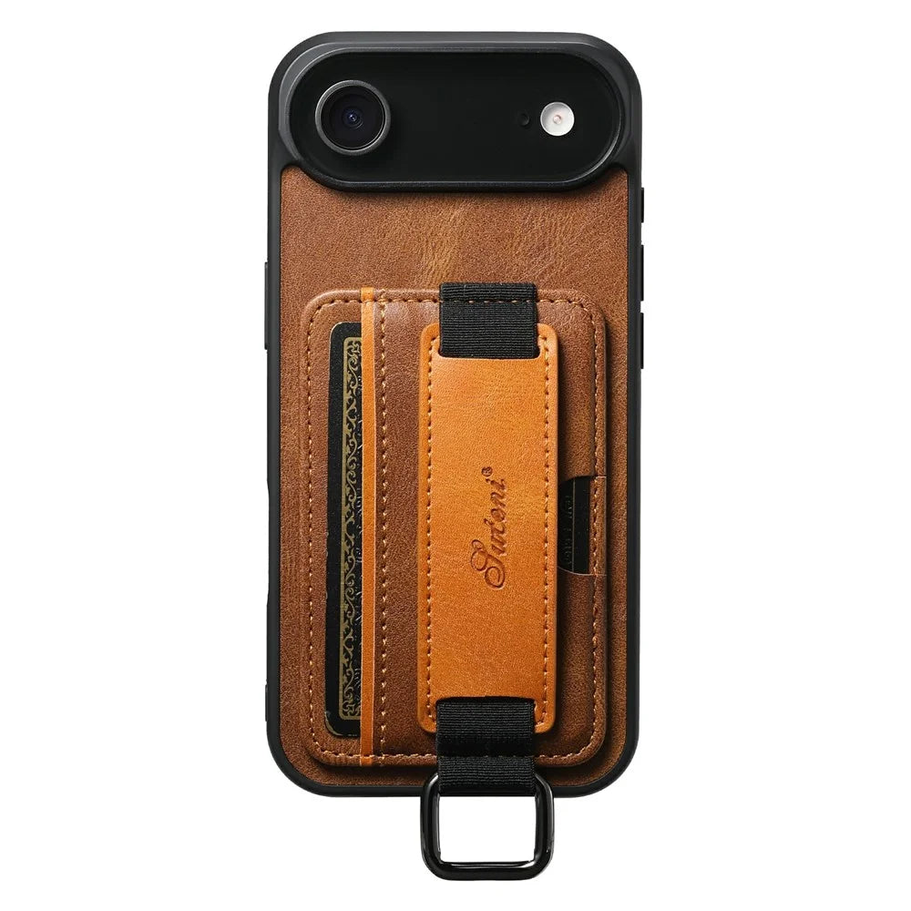 SUTENI H13 For iPhone Air Case Card Holder Wristband Waxy Texture Leather + TPU + PC Ohone Cover - Brown - 1