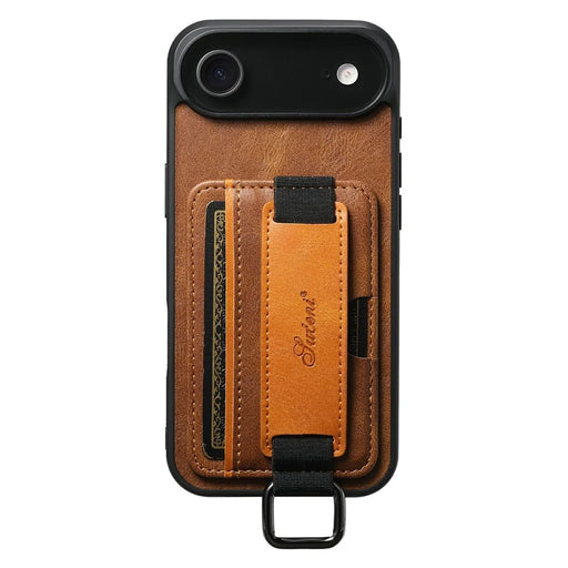 SUTENI H13 For iPhone Air Case Card Holder Wristband Waxy Texture Leather + TPU + PC Ohone Cover - Brown - 1