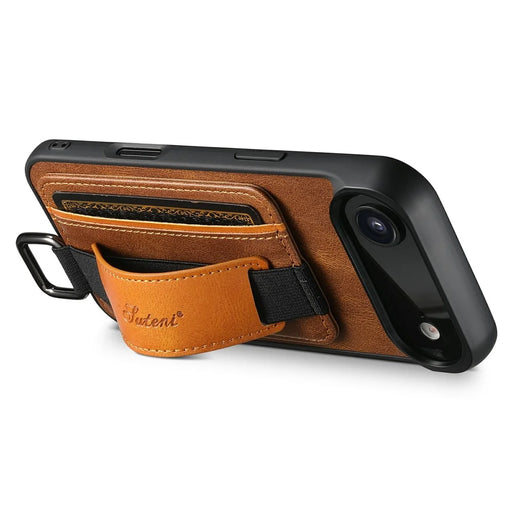 SUTENI H13 For iPhone Air Case Card Holder Wristband Waxy Texture Leather + TPU + PC Ohone Cover - Brown - 2