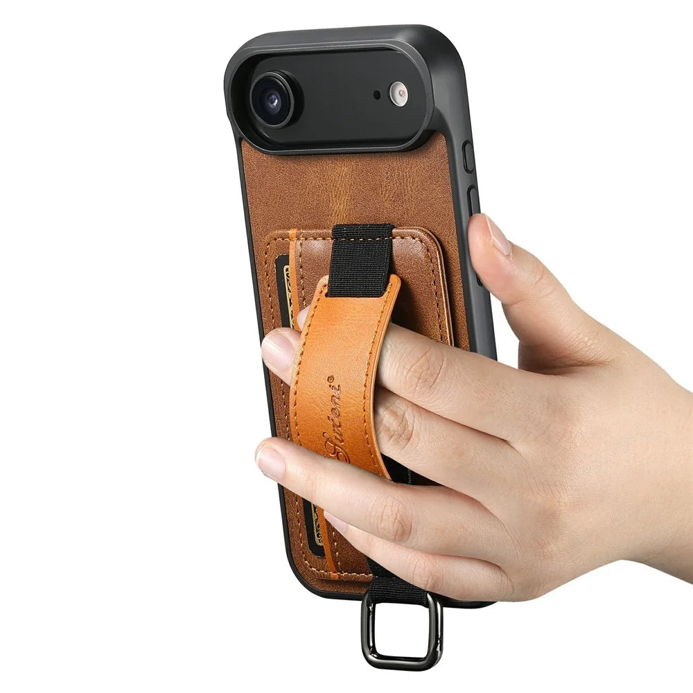 SUTENI H13 For iPhone Air Case Card Holder Wristband Waxy Texture Leather + TPU + PC Ohone Cover - Brown - 3
