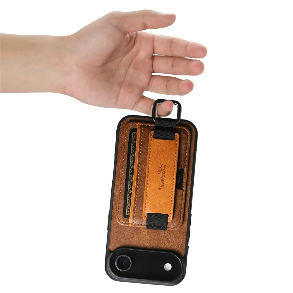 SUTENI H13 For iPhone Air Case Card Holder Wristband Waxy Texture Leather + TPU + PC Ohone Cover - Brown - 4
