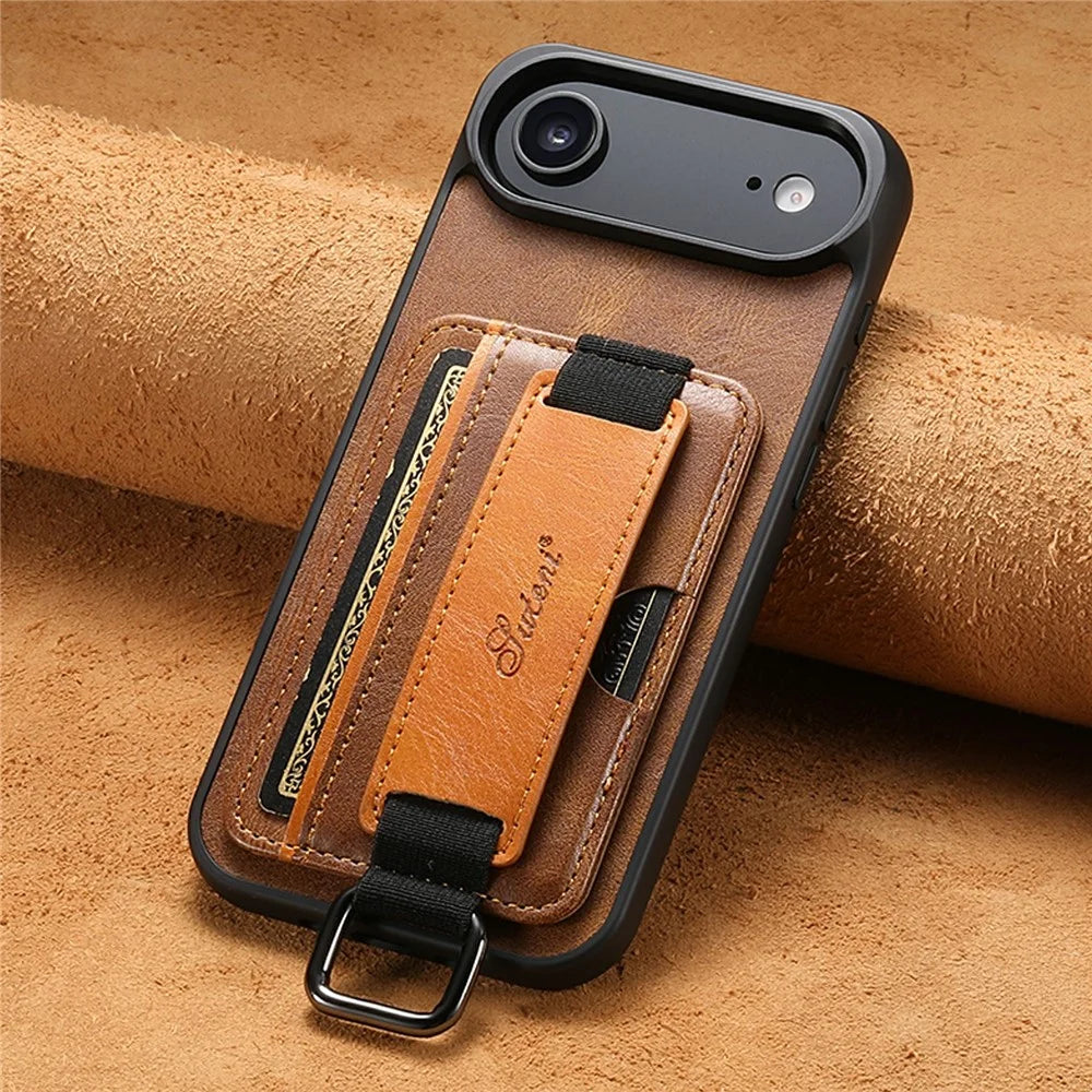 SUTENI H13 For iPhone Air Case Card Holder Wristband Waxy Texture Leather + TPU + PC Ohone Cover - Brown - 5