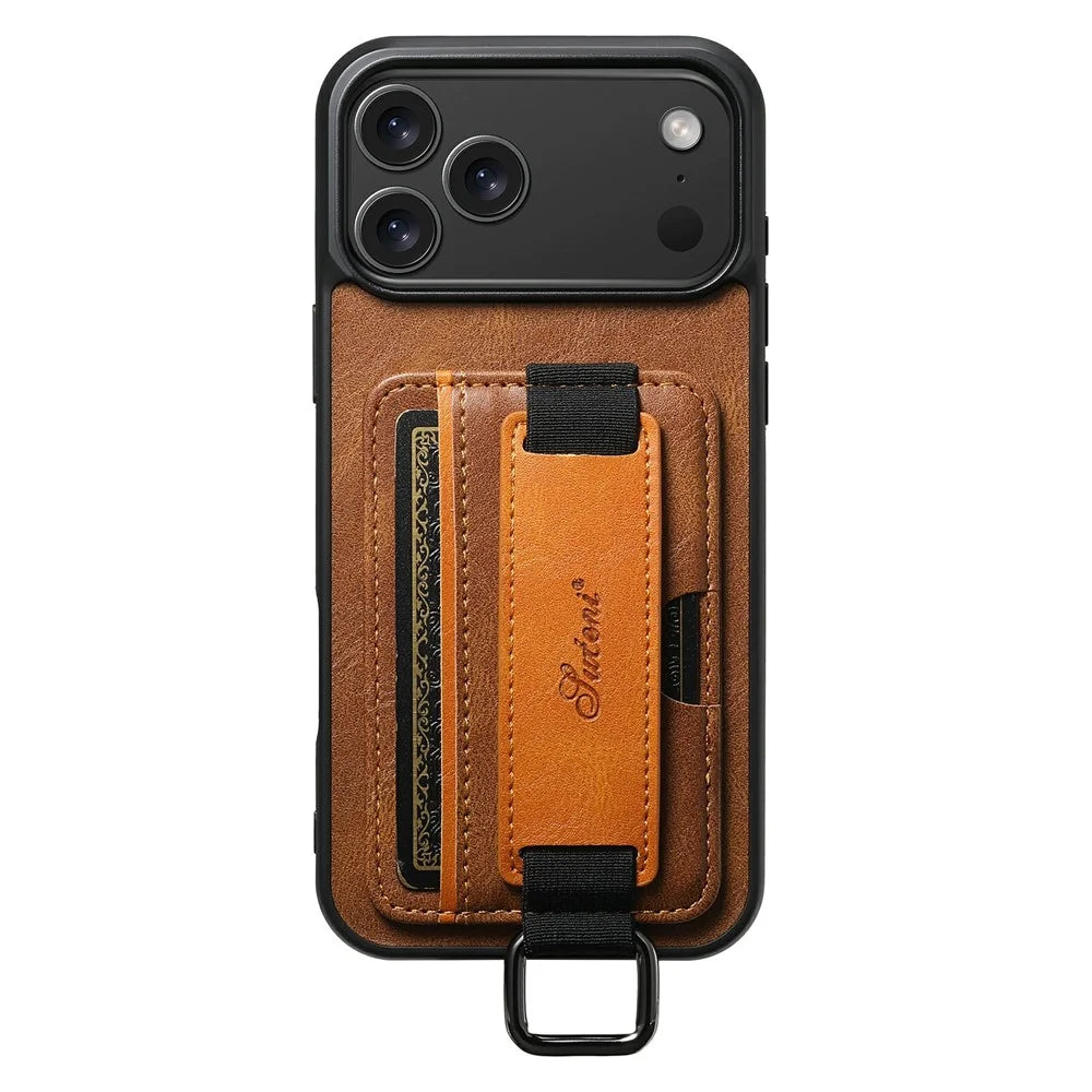 SUTENI H13 For iPhone 17 Pro Case Card Holder Wristband Waxy Texture Leather + TPU + PC Cover - Brown - 3