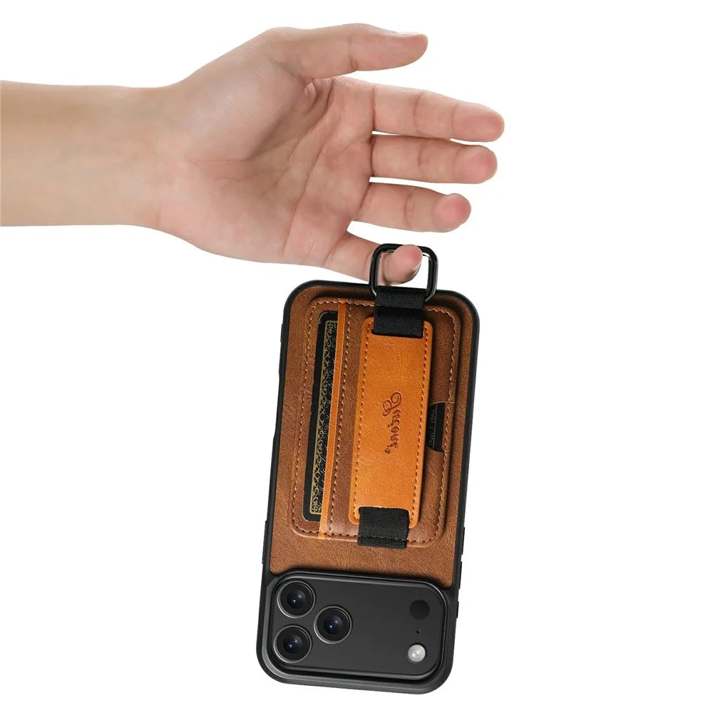 SUTENI H13 For iPhone 17 Pro Case Card Holder Wristband Waxy Texture Leather + TPU + PC Cover - Brown - 5