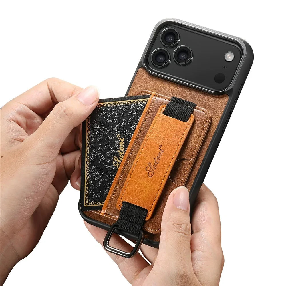 SUTENI H13 For iPhone 17 Pro Case Card Holder Wristband Waxy Texture Leather + TPU + PC Cover - Brown - 6