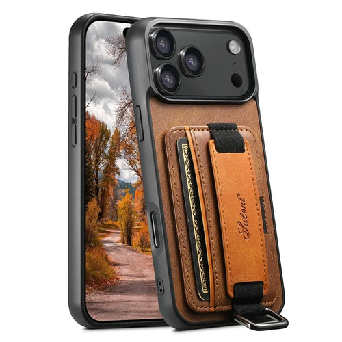 SUTENI H13 For iPhone 17 Pro Max Case Card Holder Wristband Waxy Texture Leather + TPU + PC Cover - Brown - 1