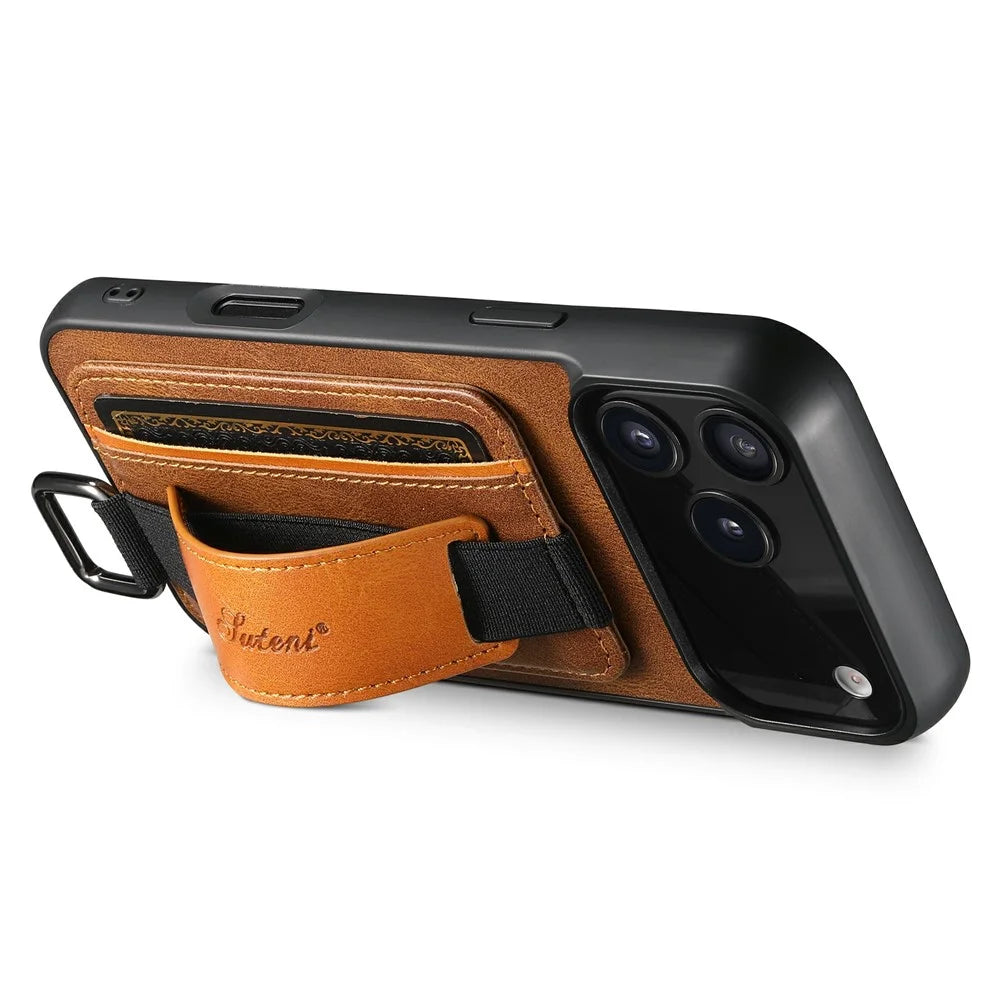 SUTENI H13 For iPhone 17 Pro Max Case Card Holder Wristband Waxy Texture Leather + TPU + PC Cover - Brown - 2